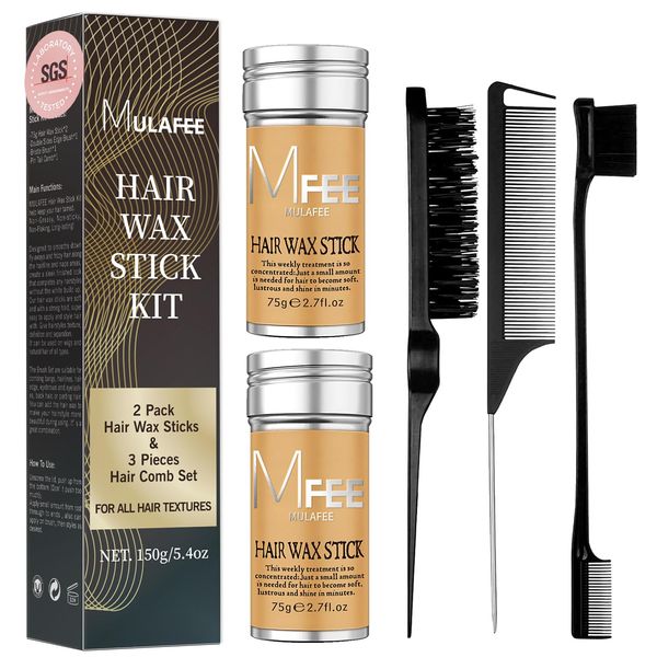 MULAFEE 2 Stück Haarwachs Stick Set, Wax Stick für glattes Haar, Perücken, nicht fettendes Styling Wachsstift mit 3 Stück Comb und Brush Set für Flyaways Edge Frizz