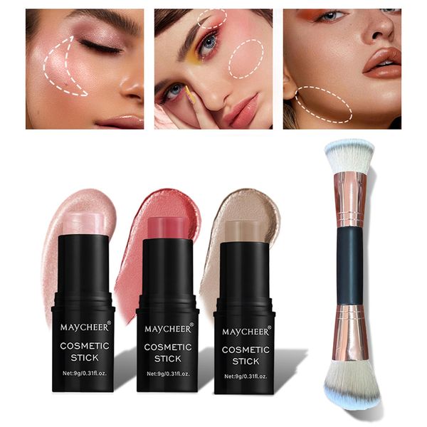 Cream Contour Stick Makeup Set, 2024 New Cream Blush, Bronzer Stick, Highlighter Stick for Face with Makeup Brush, Long Lasting & Natural Makeup Contour Stick for Beginner, 3 Color #02, 04, 06