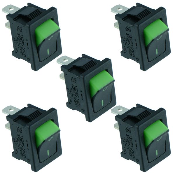 5 x Green Rectangle 'Visi On' Rocker Switch SPST R13-66A5-02