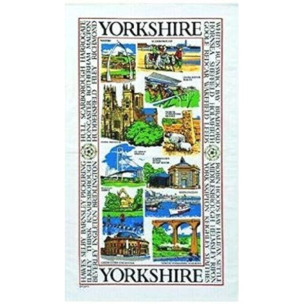 Yorkshire Sights Souvenir Tea Towel Gift Scenes Landmarks Collage Montage White