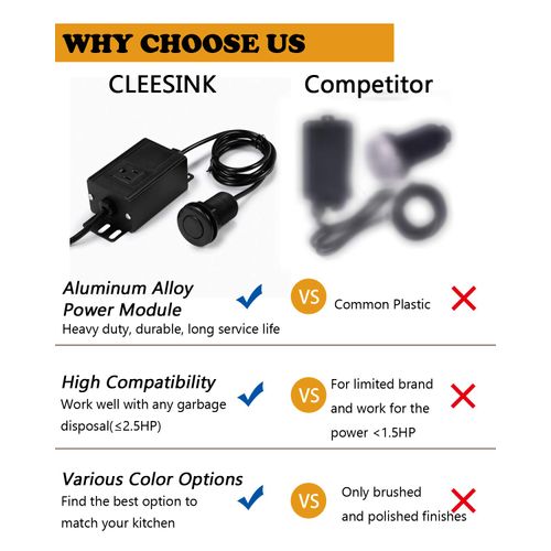 Garbage Disposal Air Switch Kit, Sink Top Air Button for Waste Disposer with Aluminum Alloy Control Module (LONG PLASTIC BLACK BUTTON) by CLEESINK
