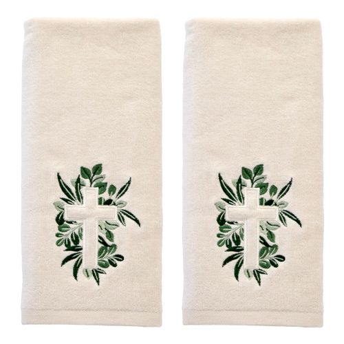 SKL Home Cross with Greenery Hand Towel 2pc Set for Bath/Kitchen/Bar & Gift, Natural