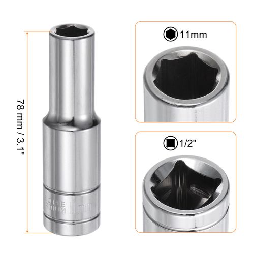 HARFINGTON 6-Point Socket 1/2" Drive 11mm Metric 3.1" Length 45# Steel Deep Sockets Full Polishing Chrome Sockets for Car Repair Mechanical Maintenance Home Use