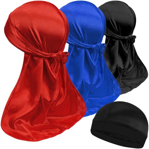 3PCS Silky Durags with 1 Wave Cap Packs for Men Waves, Doo Rag Compression Caps for 360 540 720 Waves (Purple,White,Black)