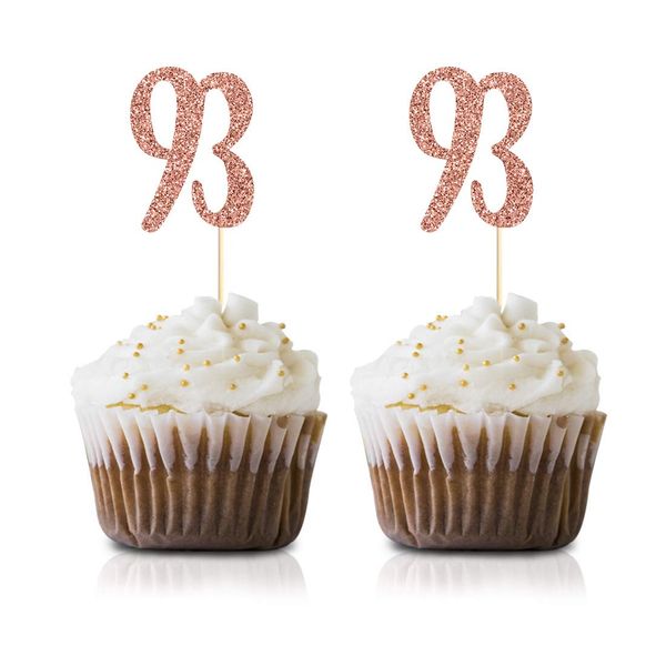 Rose Gold 93rd Birthday Cupcake Topper, 24-Pack Number 93 Glitter Happy Birthday Party Cupcake Toppers, Decorations