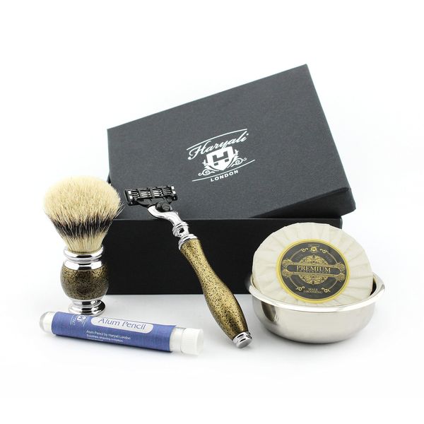 Haryali London Shaving Kit - 5pc Shaving Brush Set - Gold antique Shaving Set - Silvertip Badger Shaving Brush - 3 edge Shaving Blade Shaving Razor - Shaving Soap - Shaving Bowl - Alum Stick