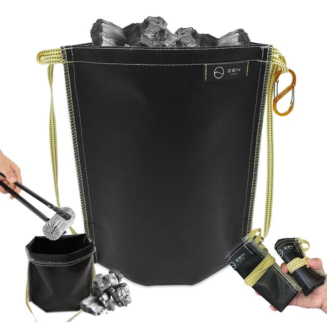 ZEN Camps Fire Extinguishing Bag, Ash Carrier, Charcoal Processing Bag, Charcoal Bag, Waterproof, Freestanding, Camping, Heat Resistant, Flame Retardant, Compact, Large Capacity, Japanese Brand, (S (9.8 x 9.4 inches (25 x 24 cm) Carabiner Included