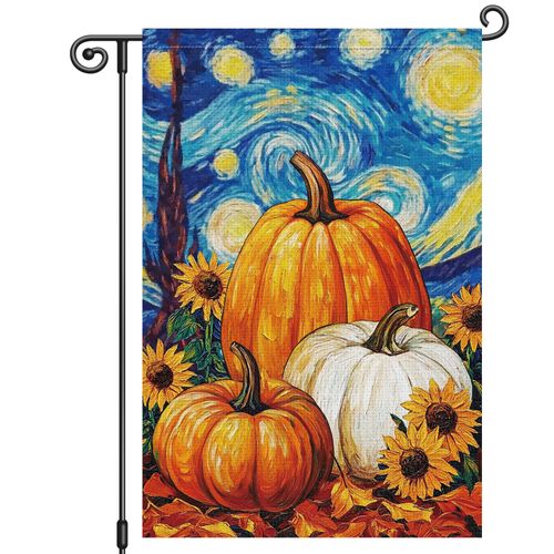 Louise Maelys Fall Garden Flag Pumpkin Sunflower 12x18 Inch Double Sided Starry Sky Seasonal Autumn Welcome Small Burlap Yard Sign Outside Outdoor House Decoration