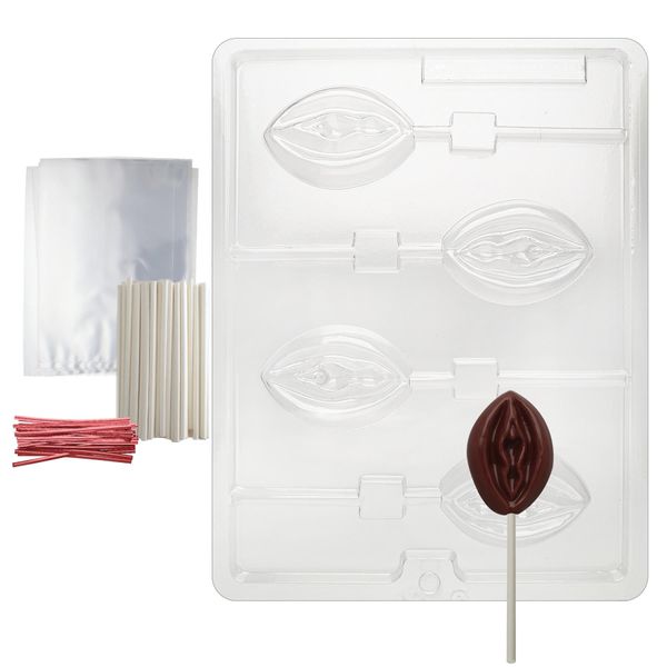 Cybrtrayd 45StK25R-XX525 Lady Lolly Adult Chocolate Candy Mold with Lollipop Supply Bundle, Includes 25 Lollipop Sticks, 25 Cello Bags and 25 Red Twist Ties, Black