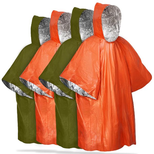 FosPower Emergency Waterproof Rain Poncho [4 Pack] [Retains 90% Body Heat] Reusable Lightweight Weather Resistant Raincoat with hood for Camping, Hiking, Outdoors, Emergency Supplies, Survival Kit