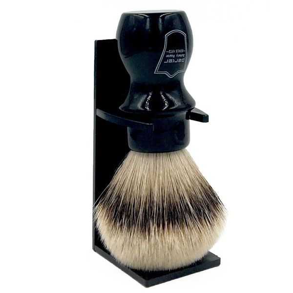 Parker Safety Razor, 100% Silvertip Badger Mug Shaving Brush with Brush Stand - Extra Dense and Extra Soft Bristles - Long Handle is Perfect for use with Your Shaving Mug (Black)