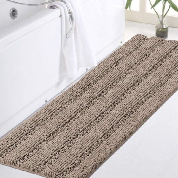 Turquoize Non-Slip Soft Chenille Bath Mat High Water Absorbent for Bath Room/Kitchen Machine-Washable, Perfect for Doormats,Tub,Size 47" X 17",Striped Pattern,Taupe