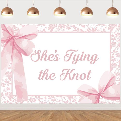 Cheereveal Pink Bow She’s Tying The Knot Backdrop, Princess Bow Background for Bachelorette Bridal Shower Wedding Anniversary Party, Floral Bow Photography Props Supplies