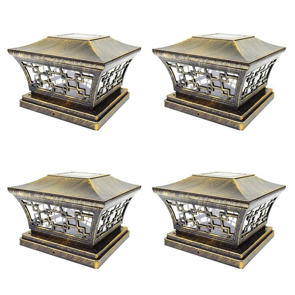 iGlow 4 Pack Japanese Style Vintage Bronze 6 x 6 Solar Post Light SMD LED Deck Cap Square Fence Outdoor Garden Landscape PVC Vinyl Wood