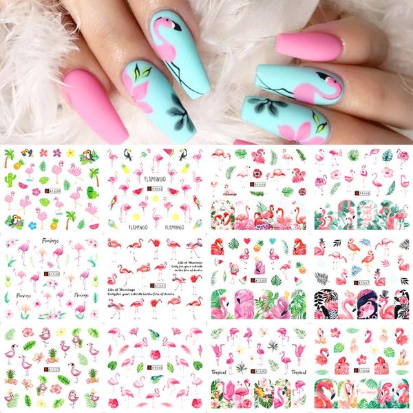 Flamingo Nail Art Stickers Decals, 12 Sheets Summer Spring Water Transfer Nail Decals Cute Pink Flamingo Green Leaf Hawaii Fruit Nail Design Spring Manicure Tips Wraps for Women Girls Nail Decoration