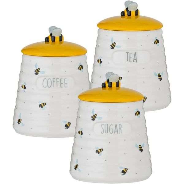 Home Deco London Ceramic Sweet Bee Stoneware Kitchen Tea Coffee Sugar Storage Canister Jar with Lid Durable Bumblebee Handle Keep Fresh Attractive Bright Yellow Glaze Set (Tea Coffee Sugar Set)