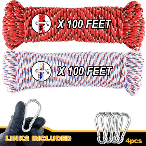Wellmax 3/16" x 100' Diamond Braided Polypropylene Rope with UV Protection and Weather Resistance, Red/White - 2 Pack
