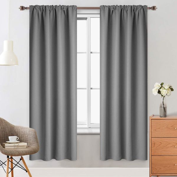 Yakamok Room Darkening Gray Blackout Curtains Thermal Insulated Rod Pocket Curtain Panels for Bedroom, 38W x 72L, Grey, 2 Panels