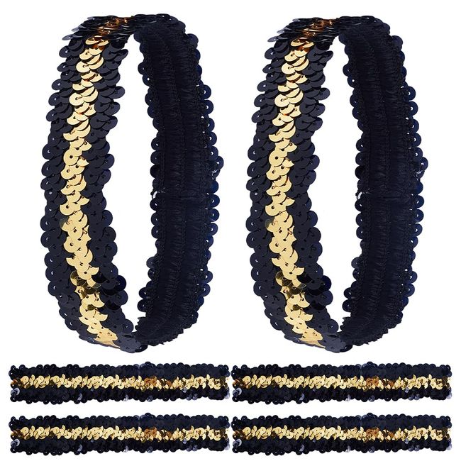 GORGECRAFT 10Pcs Sequin Headband Sparkling Wide Headband Elastic Glow Stretch Sparkle Glitter Fashion Adjustable Hair Band Accessories for Women Sports Dance Party Teams Store, Black-Gold Stitching