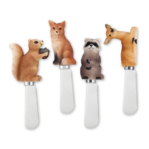 Supreme Housewares Woodland Animals Cheese Spreaders, Hand-Painted Resin Handles with Stainless Steel Blades for Spreading Cream Cheese, Butter, and Jam, Assorted Designs, Set of 4