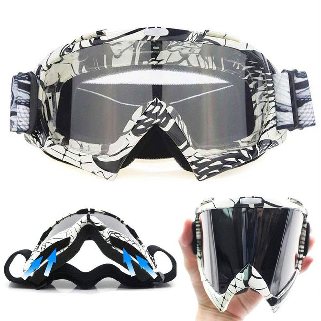 E-Soul Motorrad Goggle Motocross Wind Staubschutz Fliegerbrille Snowboardbrille Schneebrille Skibrille Wintersport Brille Für Damen Und Herren Jungen Und Mädchen (White-Black Transparent)