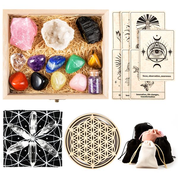 Qallicon Healing Crystals Set for Chakra Healing, Spiritual Guidance, Divination Include Chakra Crystals and Stones, Oracle Cards, Altar Cloth, Crystal Grid and User Guide - Wooden Gift Box, 1 count