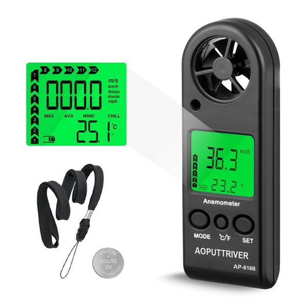 AOPUTTRIVER Small Handheld Anemometer AP-816B Digital Anemometer with Japanese Instruction Manual, High Accuracy Wind Speed Measurement and Temperature Measuring Instrument, LCD Backlight Included,