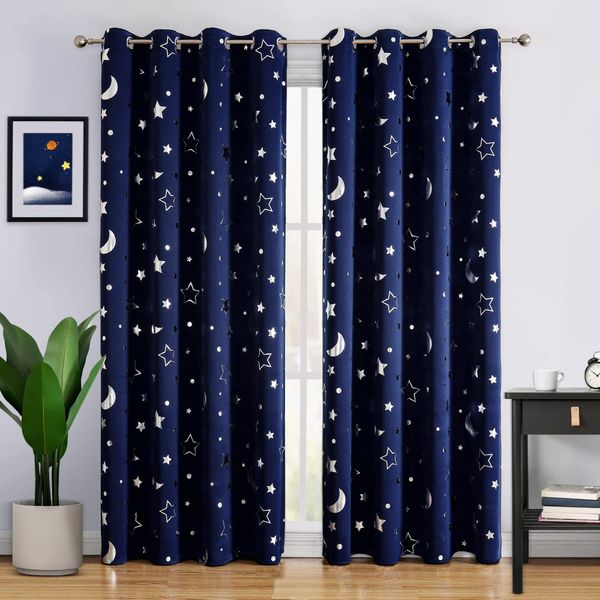 WUBODTI Navy Blue Star Blackout Curtains for Boys Nursery 84 Inch 2 Panel Sets, Space Theme Kids Curtains Room Darkening Noise Cancelling Window Drapes for Bedroom Living Room, 42 x 84 Inch