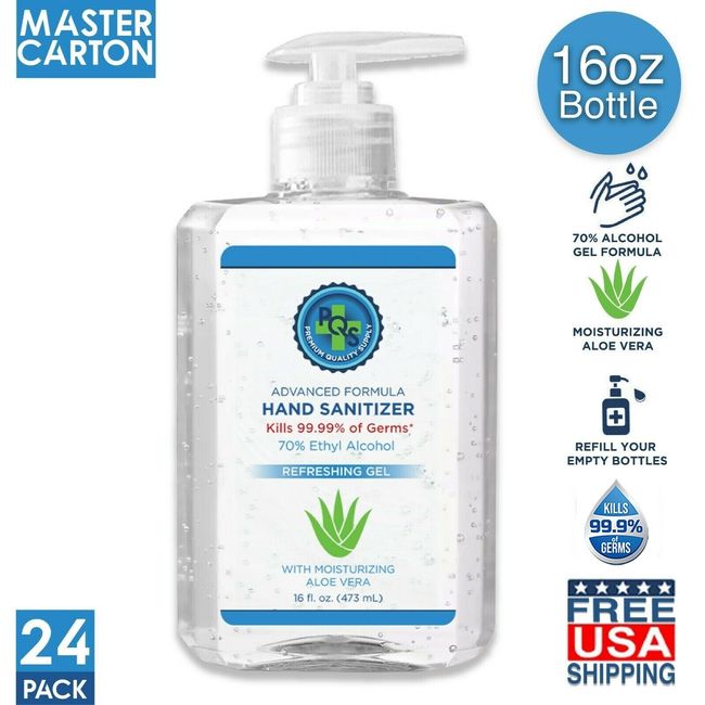 Hand Sanitizer Gel 16 OZ (24 Pcs) - 70% Alcohol w/ Pump - Aloe - 3 Gallons Total