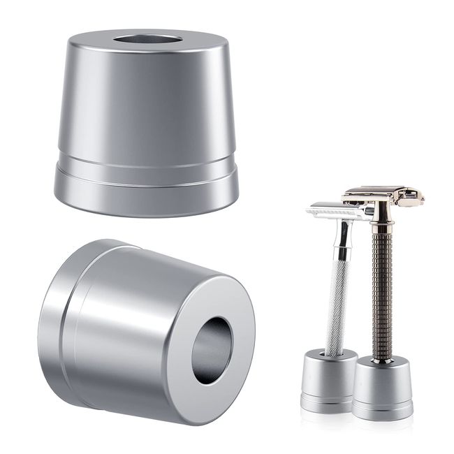 Linkidea 2 Pack Safety Razor Stand, Men's Aluminum Alloy Shaving Razor Base Holder, Manual Razor Holder for Bathroom Countertops (Silver Grey)