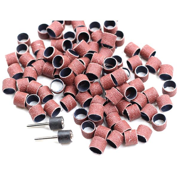 100 Pics Dia 1/2" Sanding Drum Sleeves Set Sand Bands with 2 Mandrel for Pet Dog Nail Grinder Heads Rotary Tool Bits Jewelry Light Polishing Abrasive Tools, Grit 80