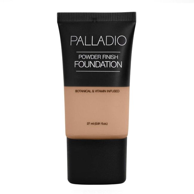 Palladio Powder Finish Liquid Foundation, Natural Matte Appearance, Reduces Fine Lines, Covers Large Pores, Hides Imperfections, All Day Wear, Sheer to Medium Coverage, Golden Beige