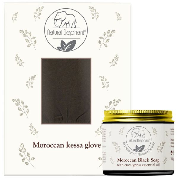 Natural Elephant Premium Kessa Hammam Glove and Moroccan Black Soap with Eucalyptus Essential Oil 200g (7oz) Combo Spa Exfoliation Kit