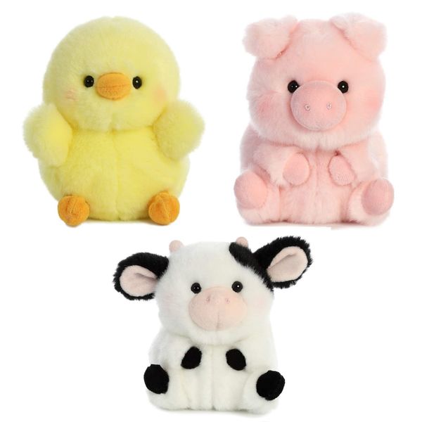 Aurora World Pig, Cow and Chicken Stuffed Animal Plush Toy | Farm Animals Theme | Bundle of 3 Rolly Pet Items, 5 inches Each