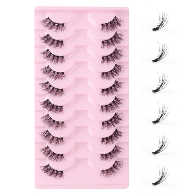 Oreola Half Lashes Natural Look Wispy Cat Eye Lashes 10 Pairs Transparent Clear Band False Eyelashes 3/4 Demi Wispies Eyelashes Reusable 3D Faux Mink Lashes Look Like Lashes Cluster