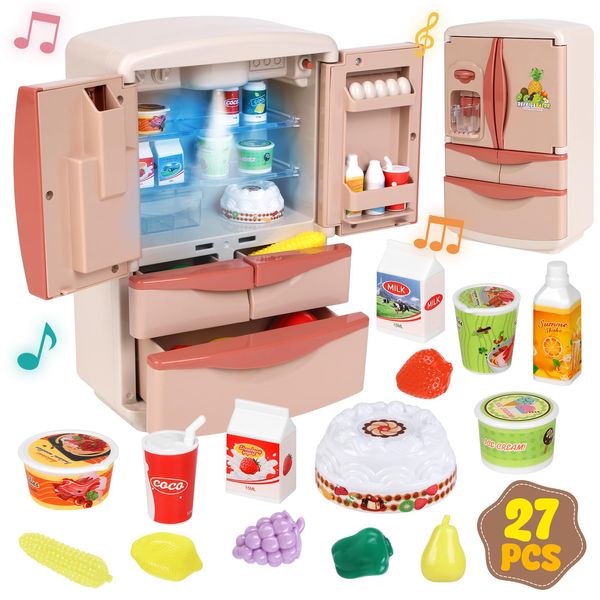 Coherny Play Kitchen Toys Fridge Refrigerator with Ice Dispenser,Mini Dollhouse Furniture Fridge Kids Kitchen Playset with Mini Play Food,Toddler Kitchen Playset Accessories for Boys Girls