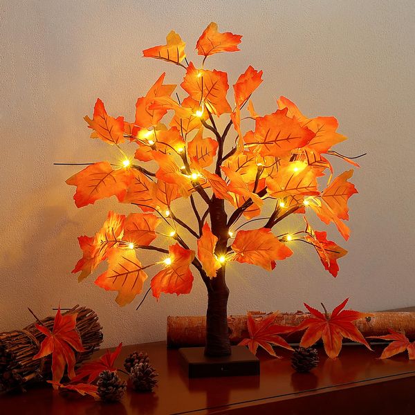 Woohaha 24LED Fall Tree Lighted Maple Tree,Thanksgiving Decoration Maple Leaf Table Tree,Timer Battery Operate Fall Decor Lights for Indoor Outdoor Holiday Autumn Harvest Xmas Party Home Decor