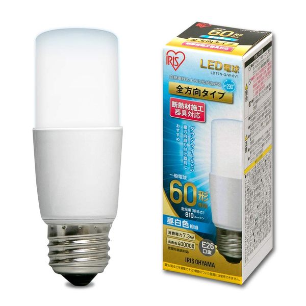 Iris Ohyama LDT7N-G/W-6V1 LED Light Bulb, Base Diameter 1.0 inches (26 mm), E26, T-Shape, Omnidirectional Type, Equivalent to 60W Shape, Daylight White, 1) Single Item