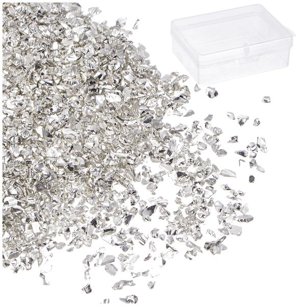 sourcing map 50g Crushed Glass 1-3mm Shiny Electroplating Irregular Broken Glass Chips for Crafts DIY Resin Art Decoration Mold Vase Filler, Silver Tone