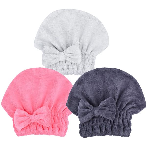 Mikrofaser-Haar-Trockentuch-Kappe 3er-pack Super Saugfähig Schnell Trocknen Hair Turban Wrap für Frauen Mädchenhaar(Dunkelgrau+Hellgrau+Rot, 3)