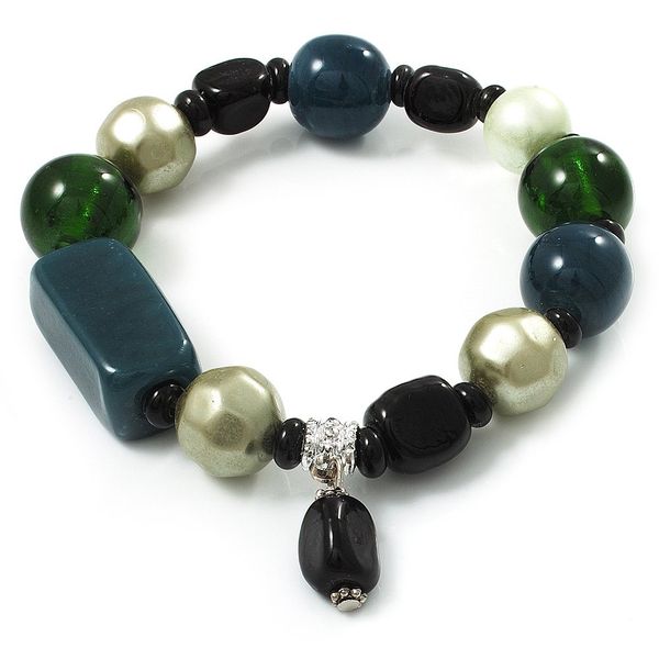Avalaya Glass/Ceramic/Plastic Beaded Charm Flex Bracelet in Teal/Green/Black - Size M