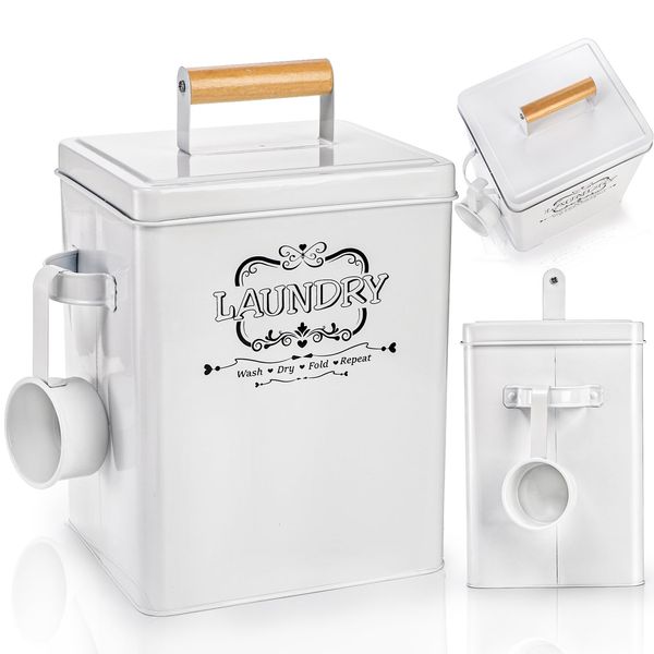 Goaste Metal Laundry Detergent Container, 220oz Laundry Powder Storage Bin with Scoop & Lid, Farmhouse Soap Dispenser Holder, White Pod Canister Tin Box for Room Organization