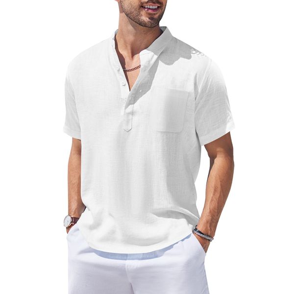 COOFANDY Men's Cotton Linen Henley Shirt Short Sleeve Hippie Casual Beach T-Shirts with Pocket