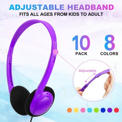 Wensdo Kids Headphones Bulk 10 Pack for School Classroom Students K-12, Children Wired Adjustable On Ear Earphones Class Set for Library Airplane Computer 3.5mm Jack (HY103,10 Mixed)