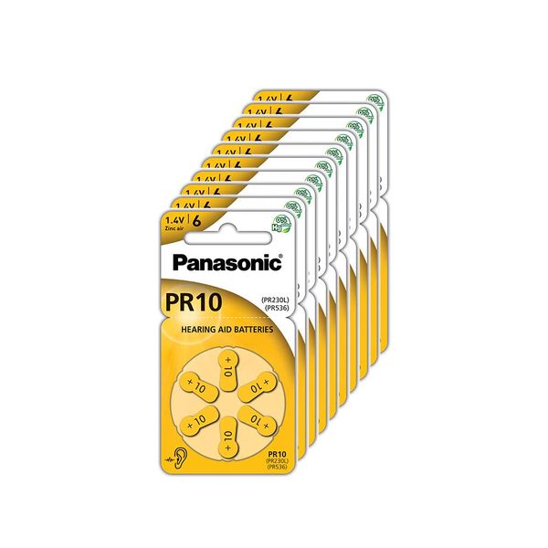 Panasonic PR10 Zinc Air batteries for hearing aids, type 10, 1.4V, hearing aid batteries, 10 packs (60 batteries) yellow