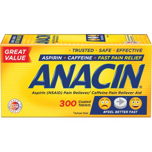 Anacin Aspirin/Caffeine Pain Reliever Aid | Fast Pain Relief | 300 Tablets