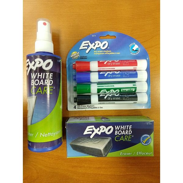 3 Pack: Expo Markers (4 Count), Expo Board Cleaner & Expo Eraser - E9G