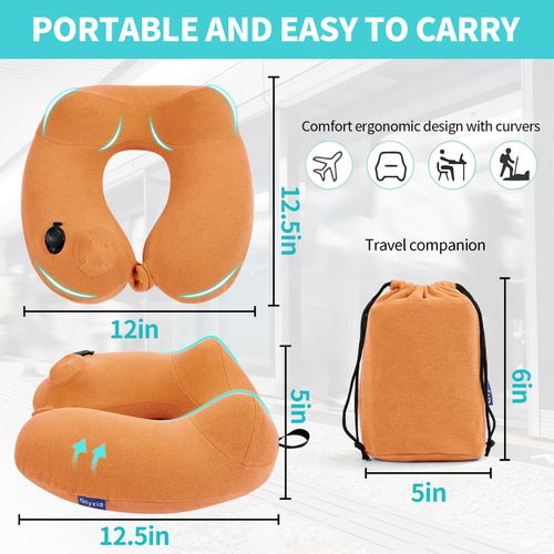 Glyzia 2 Pack Inflatable Travel Neck Pillows for Airplanes, Head Support Velvet Adult Neck Pillows for Long Flight, Kit with Eye Mask, Earplugs and Storage Bag, 2, Orange