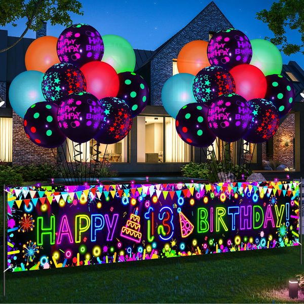 Neon Birthday Party Decorations Glow Neon Happy 13th Birthday Yard Sign Banner (UV Black Light Reactive) and 20Pcs Fluorescent Neon Birthday Balloons for Glow in The Dark Birthday Party Supplies