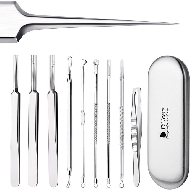 DUcare Blackhead Remover Tools 9 Pcs Pimple Popper Tool Kit with Metal Case for Pimples, Blackheads, Zit Removing, Forehead